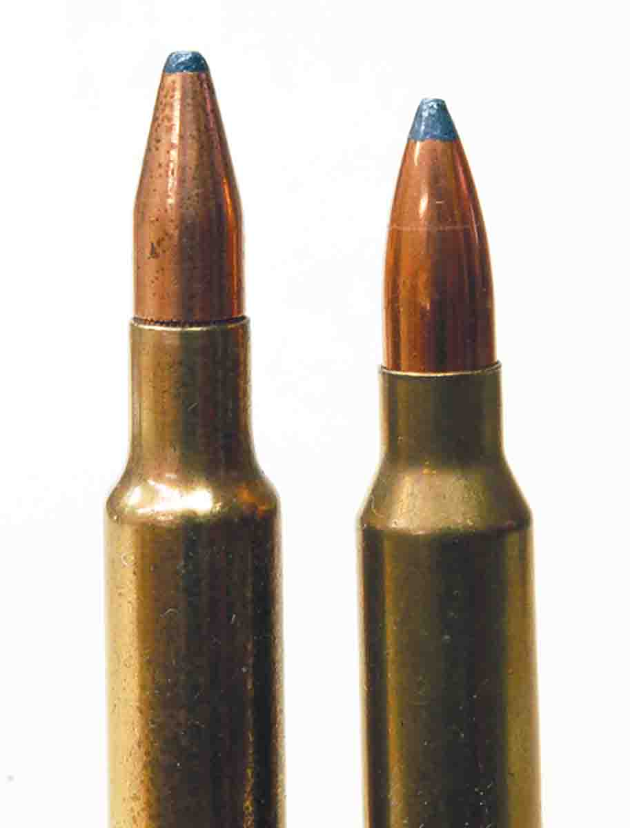 Weatherby’s trademark double-radius shoulder (left) is compared to a conventional straight-angle shoulder.